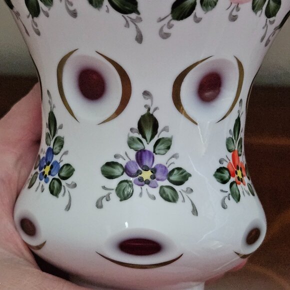ANTIQUE VINTAGE BOHEMIAN CZECH MOSER FLOWER HAND PAINTED CUT TO CLEAR GLASS VASE